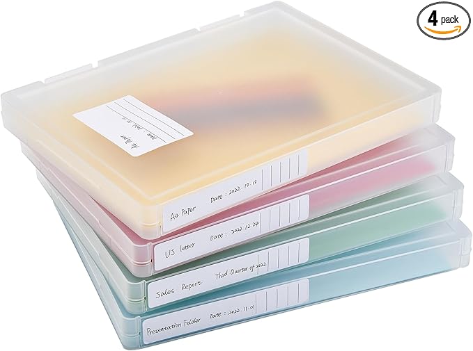 Mickiewicz 4 Pack A4 File Portable Paper Organizer Boxes for 8.5" x 11" Letter Paper, Thick Scrapbook Storage Box, Art Supply Craft Organizers Board Game Organization