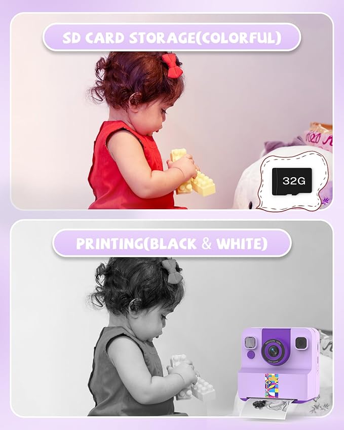 Kids Camera Instant Print, Digital Camera for Kids, 180° Rotating Selfie Lens with 32GB SD Card & 2 Rolls Printing Paper Kids Toy Birthday Gifts for Boys Girls Ages 3-12, Purple