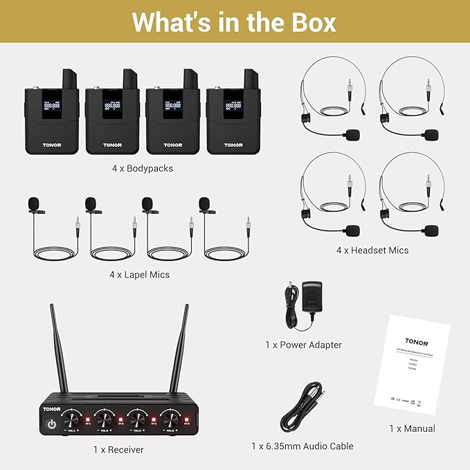 TONOR Wireless Microphones System with UHF Headset/Lavalier Lapel Mics, Bodypack Transmitter, Receiver, 4 * 10 Channels, 60 m/200ft Range for Church Conference Performance Singing Karaoke PA Speaker