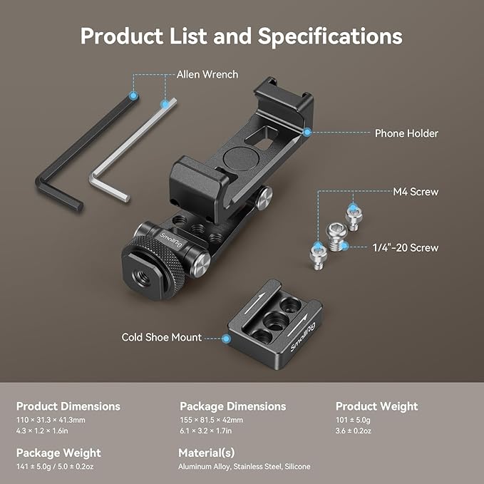 SMALLRIG Universal Phone Tripod Mount, Metal Cell Phone Mount with Cold Shoe Mount and M4 Screws for DJI RS 4 Mini/Pro, Free Adjustment Phone Mount Adapter for iPhone 17 16, for Samsung Galaxy- 4301