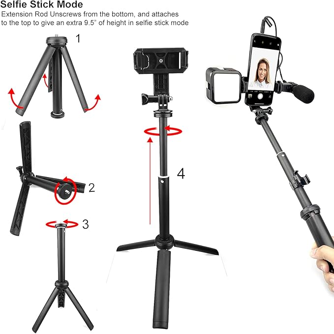 Selfie Stick Tripod Vlogging Kit for All Smartphones iPhone, Android w/LED Light, Rotating Phone Mount, Microphone, Bluetooth Remote, Hard Case for Live Stream, YouTube, Instagram TikTok