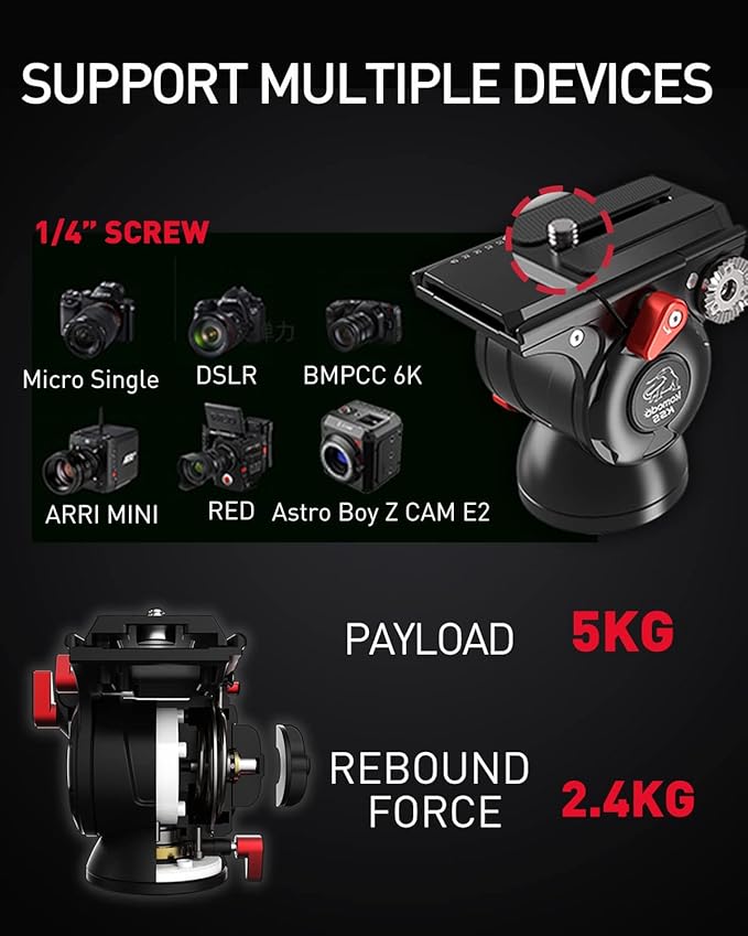 IFOOTAGE Video Camera Head Komodo K5S,Aluminum Fluid Heads,Stable Tripod Head for Pan and Tilt,with Quick Release Plate,Max Load 11 lbs/5kg