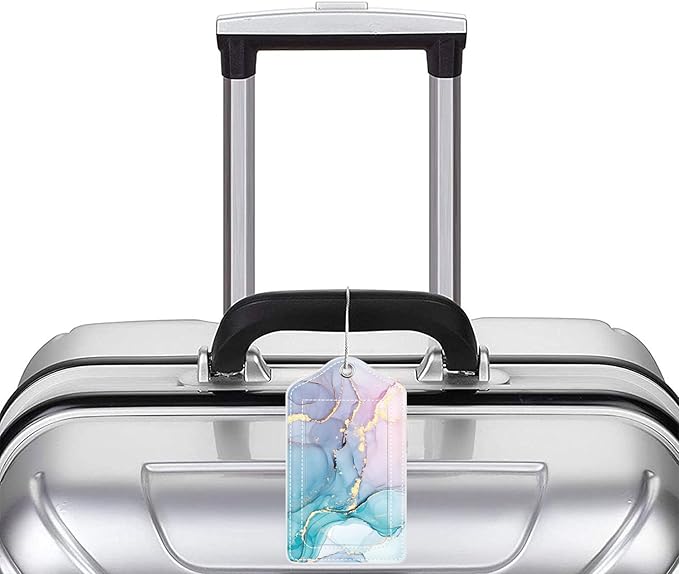 (Set of 2) Luggage Tag Leather Privacy Cover ID Label Address Card with Stainless Steel Loop, Travel Bag Tags Suitcase Labels, Powder Blue