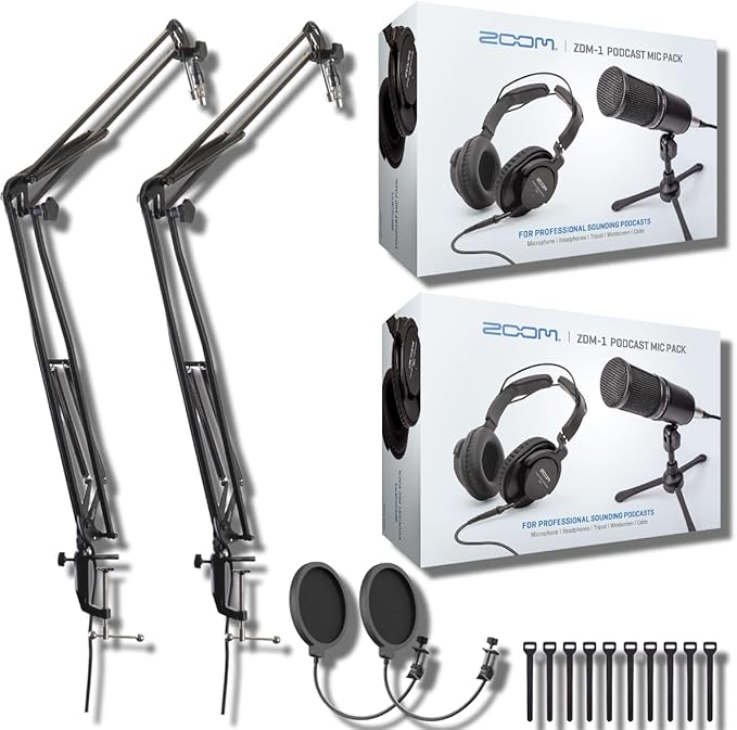 Zoom ZDM-1 Podcast Mic Packs with StreamEye BOOMARM1 Microphone Boom Arms and Microphone Pop Filters (Two-Pack)