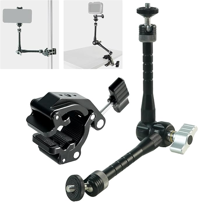 FIFIELD CNC Machined 11" Articulating Magic Arm Clamp Mount with Super Clamp, 360° Dual Ball Head & 1/4" ARRI Locating Pin&Holes, Heavy-Duty Camera Monitor Mount for Camera, Phone, LED Light, w/Clamp
