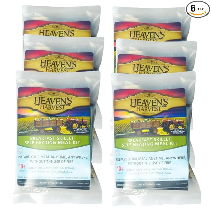 Heaven's Harvest Self-Heating Emergency Meal Kit (10 Year Shelf Life) — Tastier than MRE Meals & Ready-To-Eat in Minutes! Just add water to activate the “cooking” process. (Breakfast Skillet) (6-Pack)