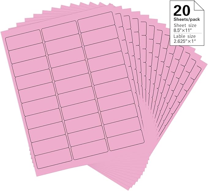 1" x 2-5/8" Colored Address Labels, 600 Bright Pink Label Stickers- Laser/Ink Jet Printer Mailing Labels, 8.5"x11" 20 per Sheet