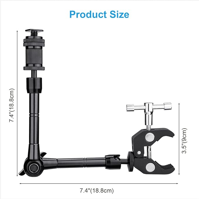 FOMITO 11" Articulating Magic Arm with Super Clamp, Heavy Duty Camera Mount for DSLR Rig, LED Video Lights, LCD Monitors, 1/4"-3/8" Thread, Max Load 4.4lbs