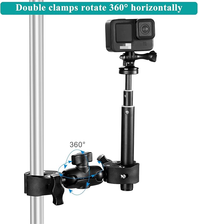 Super Double Clamp Camera Mount Chair Umbrella Clamp, with 360° Magic Arm Double Ball Head Adapter for Umbrella, Pole, Strollers, Motorcycle, Photo Studio Light Stand, Photo Boom Stand