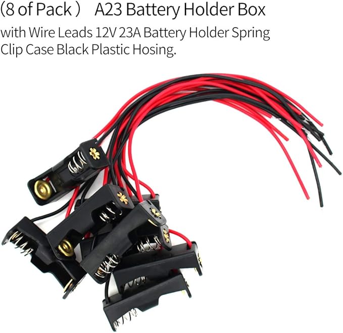 8 Pack A23 Battery Holder Box with Wire Leads 12V 23A Battery Holder Spring Clip Case Black Plastic Housing.