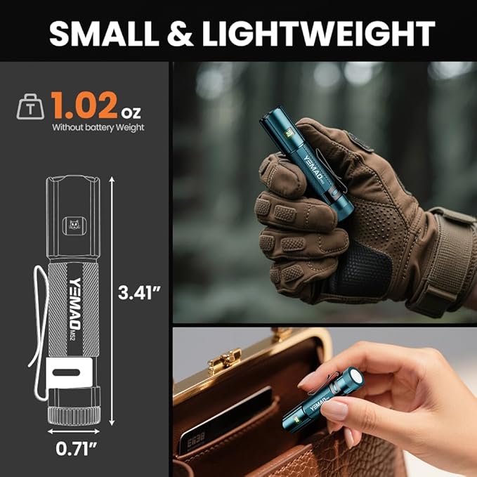 Yemao Emergency EDC Flashlight,Rechargeable 1500LM Mini Light - 6 Modes with Magnet/Clip,Portable Pocket-Sized Keychain Flashlight,IP6 Waterproof LED Torch for Outdoor and Home Use (Blue)