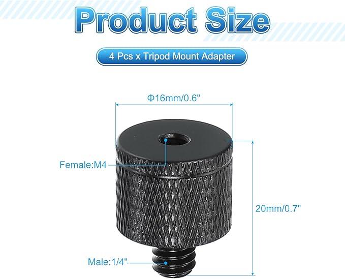 PATIKIL Tripod Screw Adapter M4 Female to 1/4" Male, 4 Pcs Tripod Nut Connectors Camera Mount Screw Camera Double Head Converter for Microphone Holder Magic Arms Accessories, 20 mm