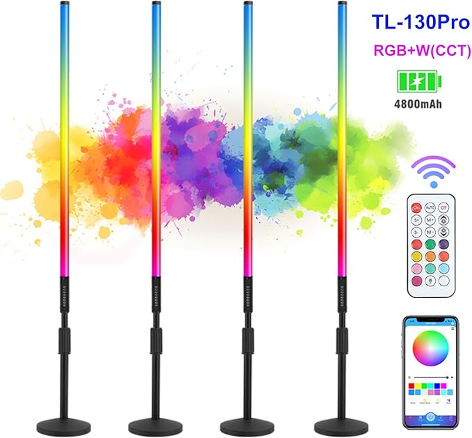 4Pack Smart APP Control 4ft RGB Neon Tube Light Bar Stand 5000mAh Rechargeable Magic LED Mood Light Stick Full Color 2700-6500K CCT for Video Shooting Wedding Dance DJ Stage Party Event