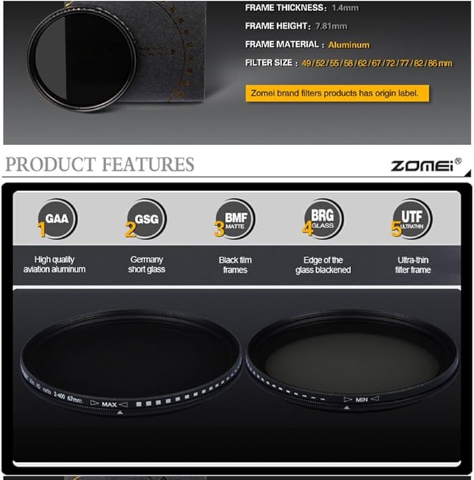 Zomei 49mm Ultra Slim ND2-ND400 Fader Variable Neutral Density Adjustable ND Lens Filter Optical Glass