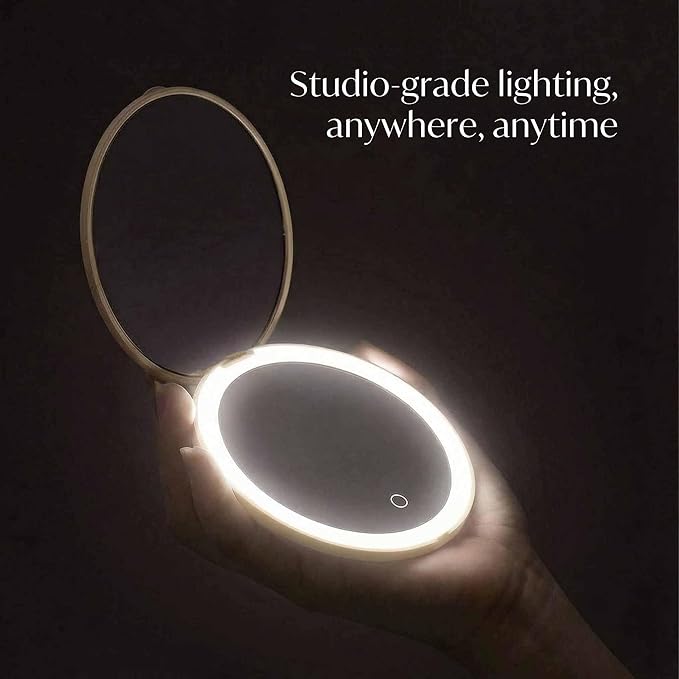 Fancii Mini Taylor Compact Magnifying Mirror with LED Light, 10x/1x, Rechargeable, 3 Light Settings, Dimmable - Small Lighted Travel Handheld Mirror for Pocket, Handbag, Purse, 2-Sided (Desert Sands)