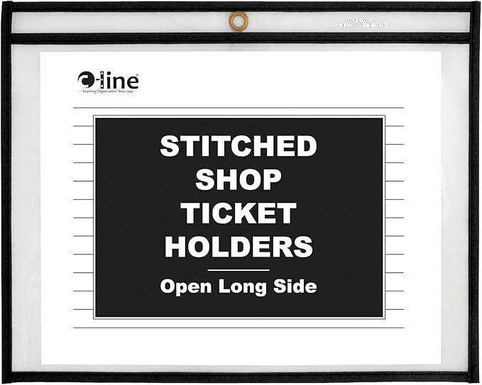 C-Line Stitched Shop Ticket Holders, Both Sides Clear, Open Long Side, 11 x 8.5 Inches, 25 per Box (49911)