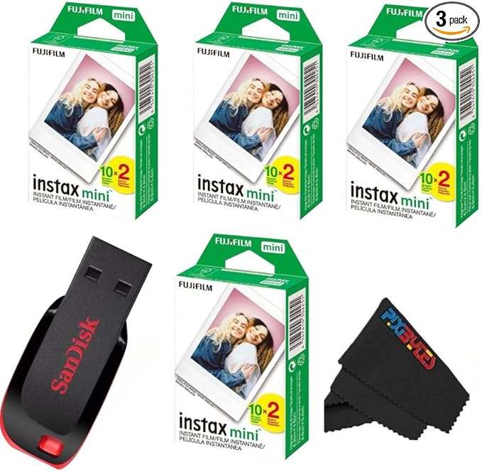 Fujifilm Instax Mini Instant Daylight Film for Instant Camera with USB and PixiBytes Microfiber Cleaning Cloth... (4 x Twin Packs + USB)