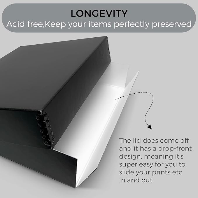 Lineco Archival 11 x 14 x 3 inches Museum Archival Storage Box, Drop Front Design, Acid-Free with Metal Edge. Preserves Photos Documents, Black