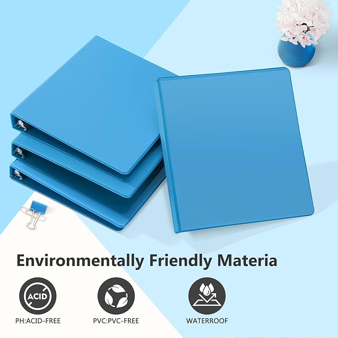 ViVin Sturdy 1 Inch D Ring Binders, 3 Ring Binders with 2 Pockets, Hold 225 Sheets of US Letter Size Paper for Office,Home,School, 6 Pack (Light Blue)