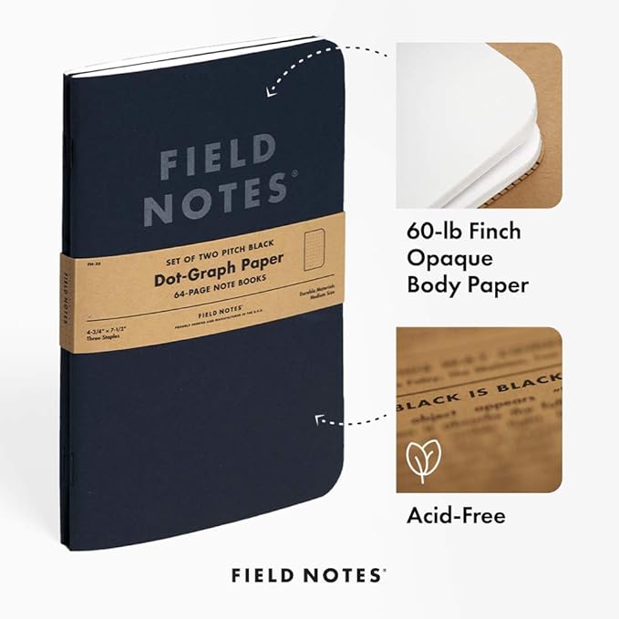 Field Notes 2-Pack Pitch Black Notebooks (4.75" X 7.5"), Dot-graph, 64 Pages | Thin Pocket Sized EDC Notebook With 90 GSM Paper & Paperback Cover | Work Notebooks For Note Taking | Made in the USA