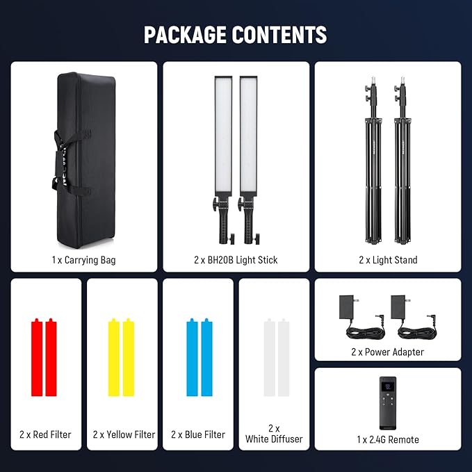 NEEWER Upgraded LED Video Light Stick & 2.4G Remote Kit, 2 Pack Handheld Dimmable 3200K~5600K CRI97+ Video Lighting with Stands/Filters/Bag for YouTube Video Recording Photography Gaming, BH20B Black