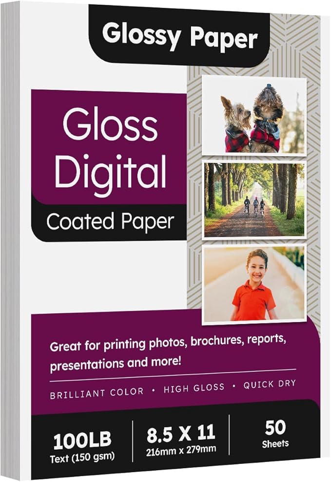 8.5 x 11 Double Sided C2S Glossy Paper for Full Color Laser Printing, Great for Photos Brochures Flyers Posters Business Everyday Printing, 100lb Text (40lb Bond), Acid Free Gloss Coated, 50 Sheets