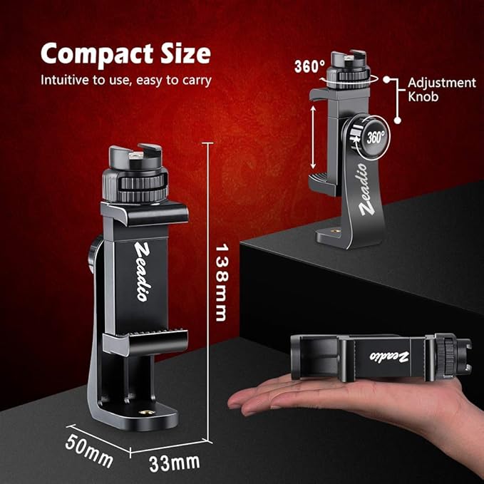 Zeadio Tripod Smartphone Mount, Cell Phone Holder Adapter Clamp with Cold-Shoe Mount, Selfie Stick and Monopod Adjustable Clamp, Fits for All iPhone and Android Smartphones