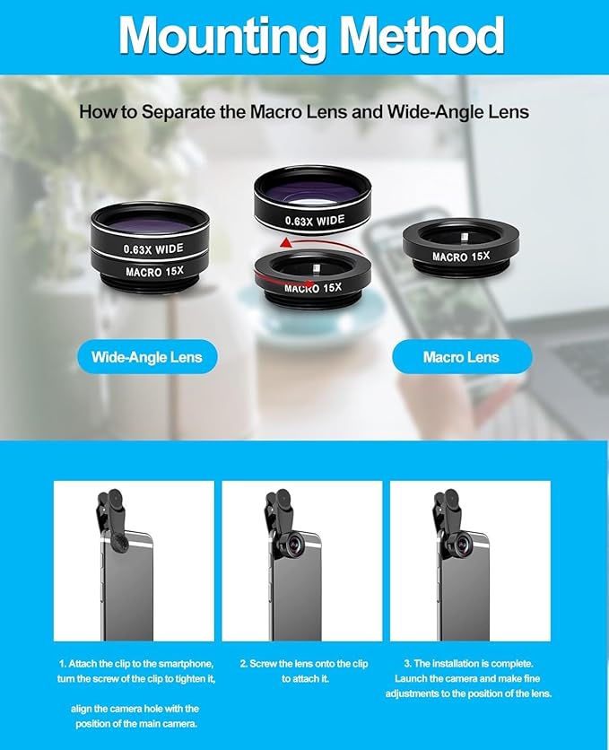 10 in 1 Phone Camera Lens Kit - Wide/Macro/Telephoto/Fisheye + CPL/Star Filters, for iPhone & Android, HD Pouch Universal Phone Lens Clip and Black Portable Bag for Most of Smartphone