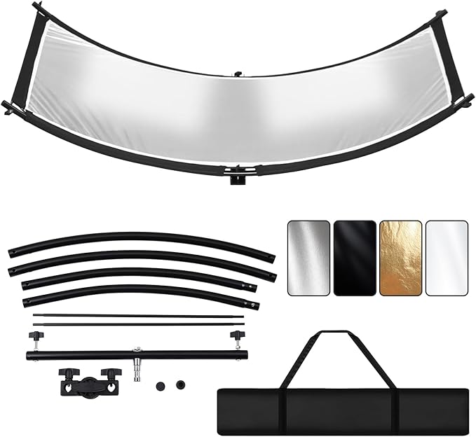Clamshell Light Reflector/Diffuser with Carrying Case,70"X24" (4 Color in 1) Arclight Curved Eyelighter Lighting Diffuser for Photography Portrait Studio Video Shooting,Black/White/Gold/Silver