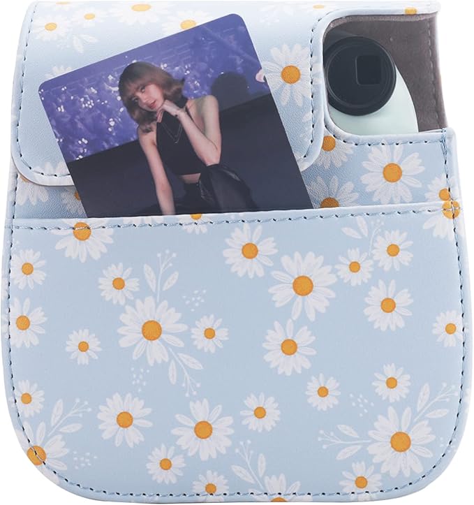 Frankmate Protective Case Compatible with Fujifilm Instax Mini 12 11 9 8 Instant Film Camera with Pocket and Adjustable Strap (Blue Daisy)