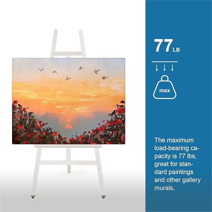 Somime A - Frame Wooden Display Easel - Adjustable Lyre Beechwood Studio Easel Stand Holding Canvas Up to 90", Inclinable Artist Floor Painting Easel for Artwork Painting, White