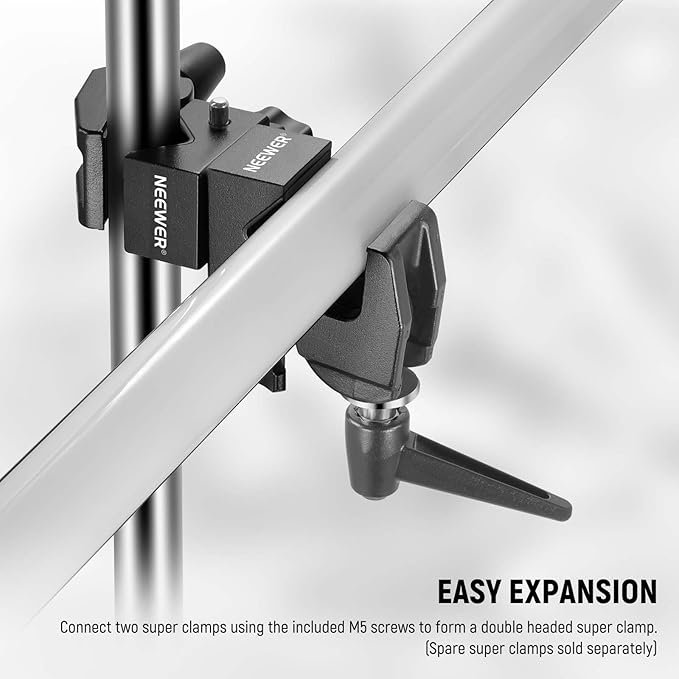 NEEWER 2 Pack Super Clamp with 5/8" Stud, Spring Lock, 2.4" Jaw Grip Heavy Duty Crab Pole Clamp for Round Pipe Flat Surface, for Photography Studio Camera Lighting Mounting, Max Load 33lb/15kg, UA017