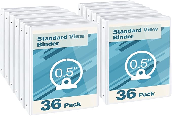 CIXILDTS 0.5-inch Round Ring Binder, Durable 1/2" 3 Ring Binder Fit Letter Size Paper, White, 36-Pack