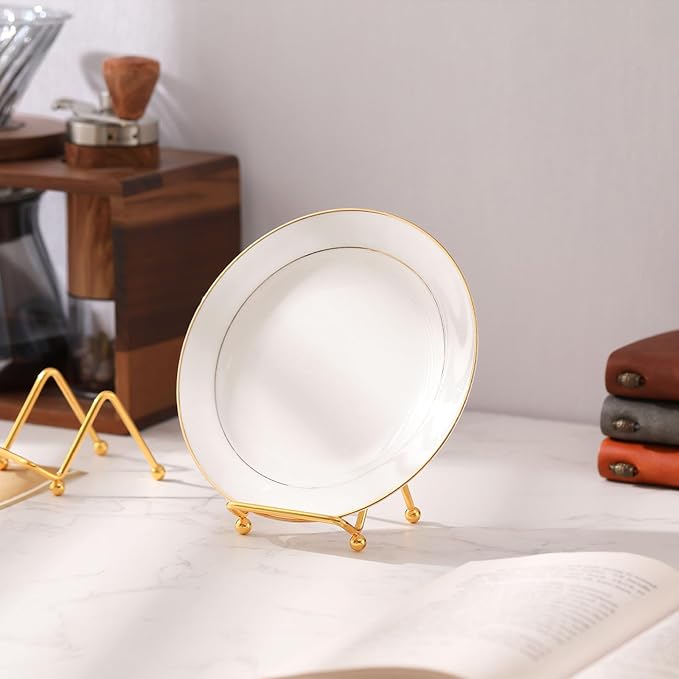 RattanView 4 Pcs 2 Inch Mini Plate Holder Display Stands Tiny Small Metal Gold Frame Stand for Picture, Book, Photo Easel, Creation, Collectibles Square Wire Plate Stands for Display Mobile Phone