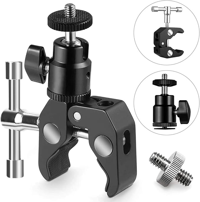 SLOW DOLPHIN Photography Super Clamp with Camera Clamp Mount Ball Head Clamp and Mini Ball Head Hot Shoe Mount Adapter with 1/4'' -20 Tripod Screw for Monitor, LED Lights, Flash Light,Microphone