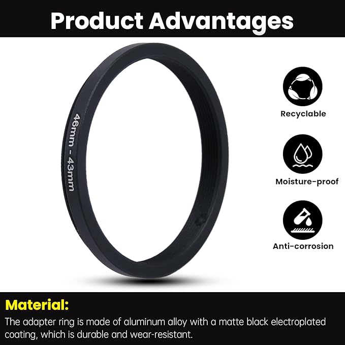 Metal Step Down Ring Filter Adapter - 46mm to 43mm - Metal Ring Step Down Rings Adapter Filter Compatible with All 43mm UV, CPL, ND, Lens Hood, Threaded Lens ect