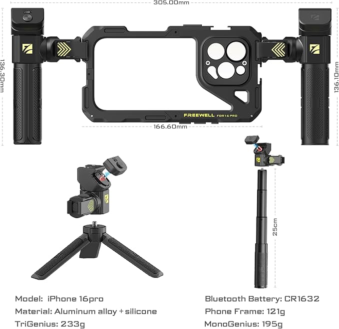 Freewell Genius Rig Cage for iPhone 16 Pro - Tool-Free Setup, Multifunctional Tripod and Monopod Handles, Bluetooth Remote