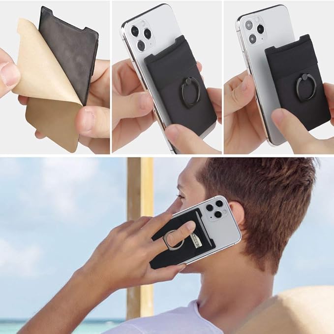 5-in-1 Cell Phone Wallet-Stick On Spandex Ring Card Holder Sleeve Back-Double-Pocket+Magnetic+Finger Grip Strap Loop+Kickstand+RFID Block,Most of Smartphones