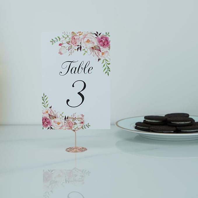 Jofefe 20pcs Mini Place Card Holder, Table Number Holders, Table Card Holders, Table Number Stands, Wire Table Picture Photo Holder with Heart Shaped Menu Clips for Wedding Favors (Rose Gold)