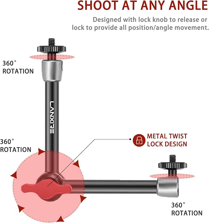 Super Clamp and 9.8 Inches Magic Arm with Dual 1/4’’ Screw - 1/4’’ and 3/8’’ Threaded Holes - Compatible with Photography Accessories - Max Load 4.4lb/2kg