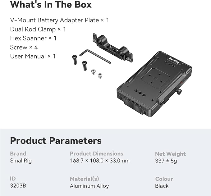 SmallRig V Mount Battery Adapter Plate with PD 65W USB-C Quick Charger, QC protocol USB-A, D-TAP, 8V & 12V DC Port, 15 mm Rod Clamp and Light Indicator, for Camera, Monitor, Transmitter, Phone - 3203B