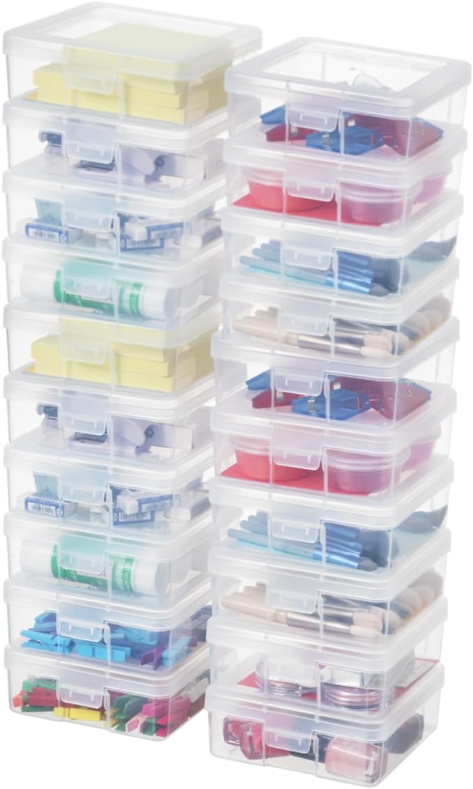 novelinks Small Plastic Storage Box Containers with Latching Lids - Craft Organizers and Storage Stackable Storage Organizer Pencil Crayon Box (18 Pack Small -Clear)