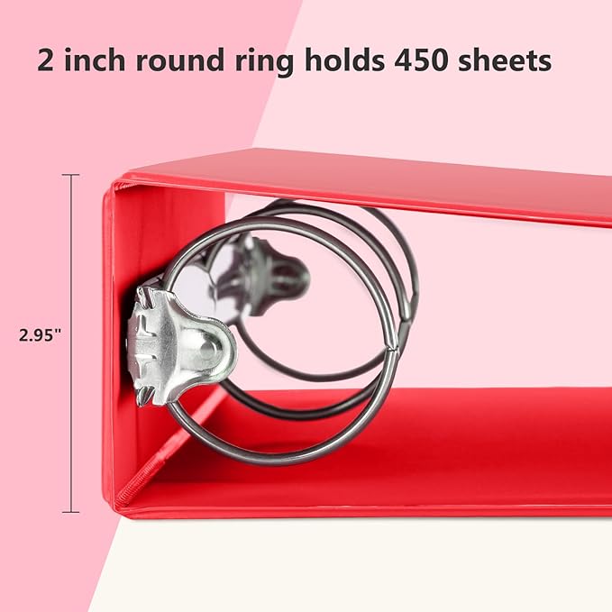 ViVin 2 Inch Round Ring View Binder for Durability, Standard 3 Ring Binder for 450 Sheets of US Letter Size Paper, PVC-Free, 6-Pack (Red)