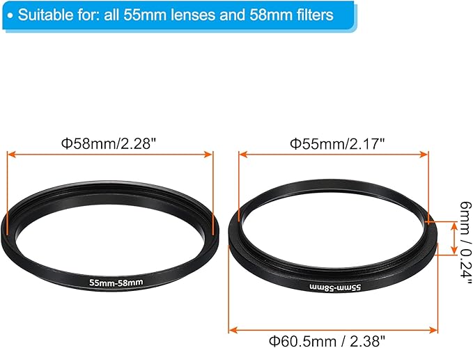 PATIKIL 55mm-58mm Metal Step Up Ring, 2 Pack Camera Lens Filter Adapter Ring Aluminum Filter Adapter Ring for Camera Lenses Hood, Black