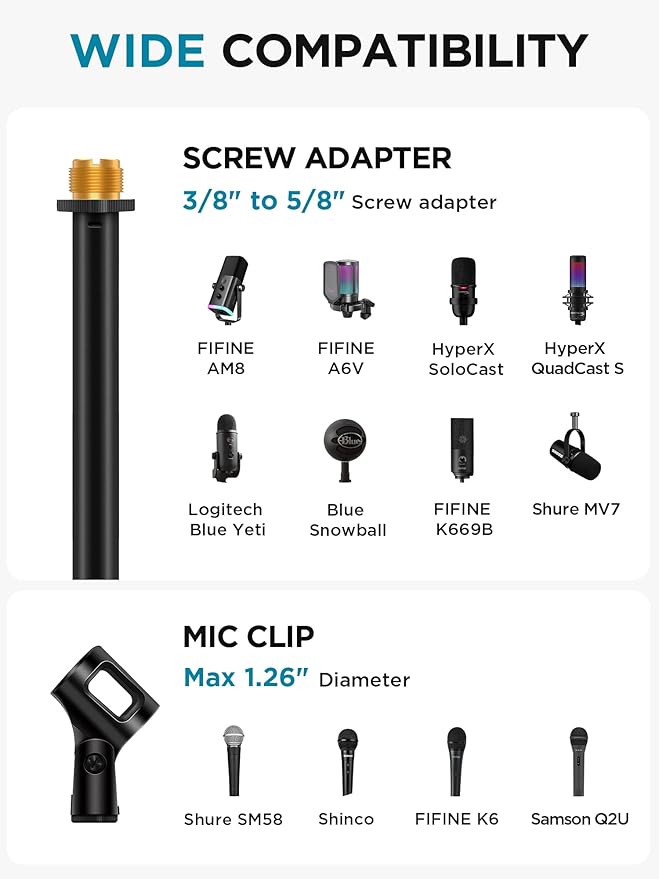 InnoGear Mic Stand, Microphone Stand Floor Detachable Boom Mic Arm Stands with Weighted Round Base, Height Adjustable from 34" to 60" for Blue Yeti HyperX QuadCast Shure SM58 Samson Q2U Fifine K669B