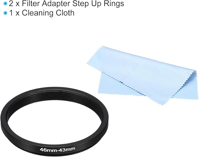 PATIKIL 46mm-43mm Metal Step Down Ring with Cleaning Cloth, 2 Pack Camera Lens Filter Adapter Ring Aluminum Filter Adapter Ring for Camera Lenses Hood, Black