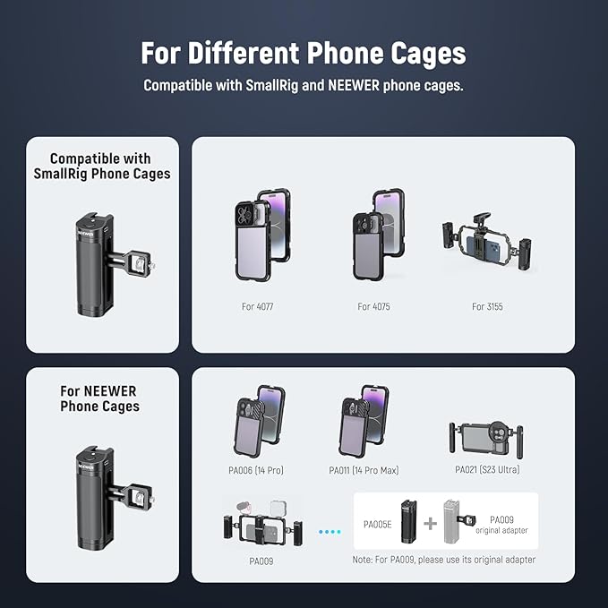 NEEWER Side Handle Grip with Wireless Remote Control Button Shutter Trigger for Smartphone Cage Video Rig, 2 Mount Adapters with 1/4" Screws & Locating Pins, Compatible with SmallRig Cages, PA005E