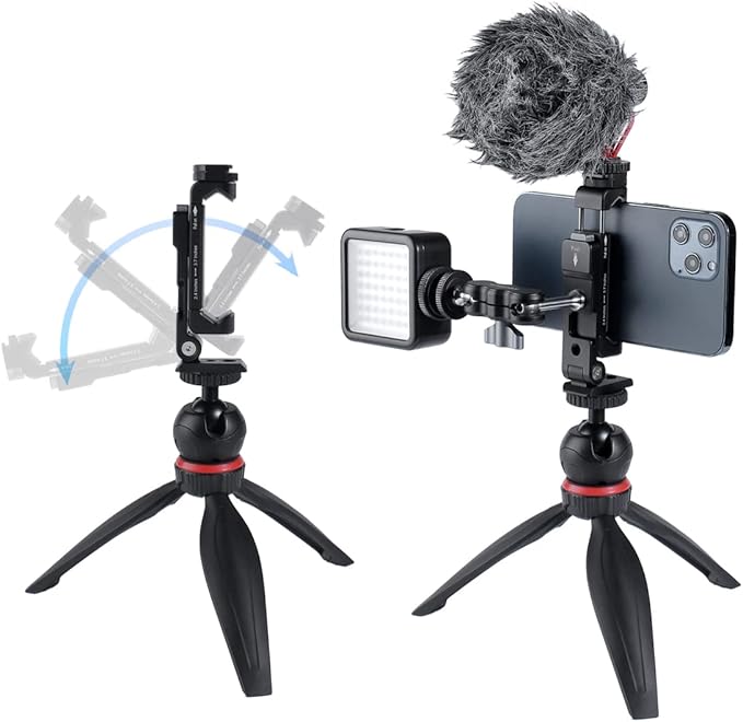 Metal Phone Tripod Mount w 2 Cold Shoes, Vertical, Horizontal & 45 Tilt Angles Tripod Phone Holder All Smartphone Holders Video Live Vlogging Streaming Rig