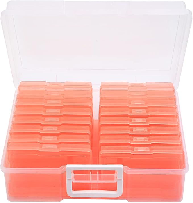 Naivees 4" x 6" Photo Storage Case with Handle, 16 Inner Photo Organizer Keeper, Extra Large Storage Picture Boxes, Seed Storage, Transparent Craft Keeper (Orange)