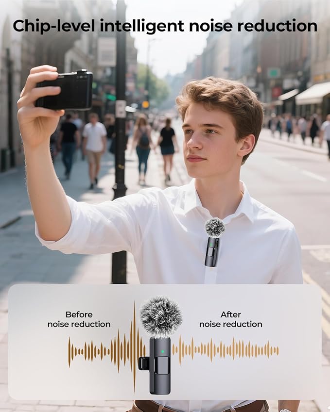 3-in-1 Microphone for iPhone, Android, Camera, Wireless Microphones, Mini Microphone, Lapel Mic with Noise Reduction, Crystal Clear Sound & 7H Battery for Vlogging, Portable Recorders